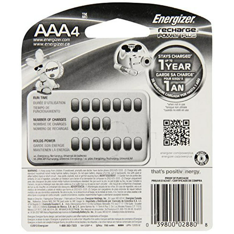 ontmoeten sleuf diameter Energizer Rechargeable AAA Batteries, NiMH, 800 mAh, Pre-Charged, 4 Count (Recharge  Power Plus) (Pack of 1) - Walmart.com