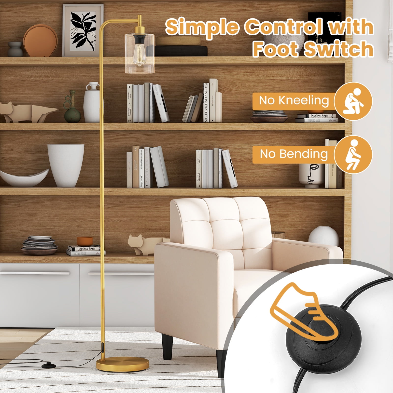 Giantex Industrial Standing Floor Lamp, Modern Reading Lamp w/Clear Glass Lampshade & Foot Switch, Tall Pole Lamp, Gold