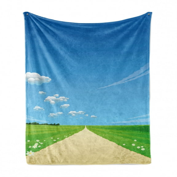 Nature Soft Flannel Fleece Throw Blanket, Path Road Background with Open Sunny Sky Clouds Daisy Flowers Picture, Cozy Plush for Indoor and Outdoor Use, 70" x 90", Sky Blue Green Cream, by Ambesonne