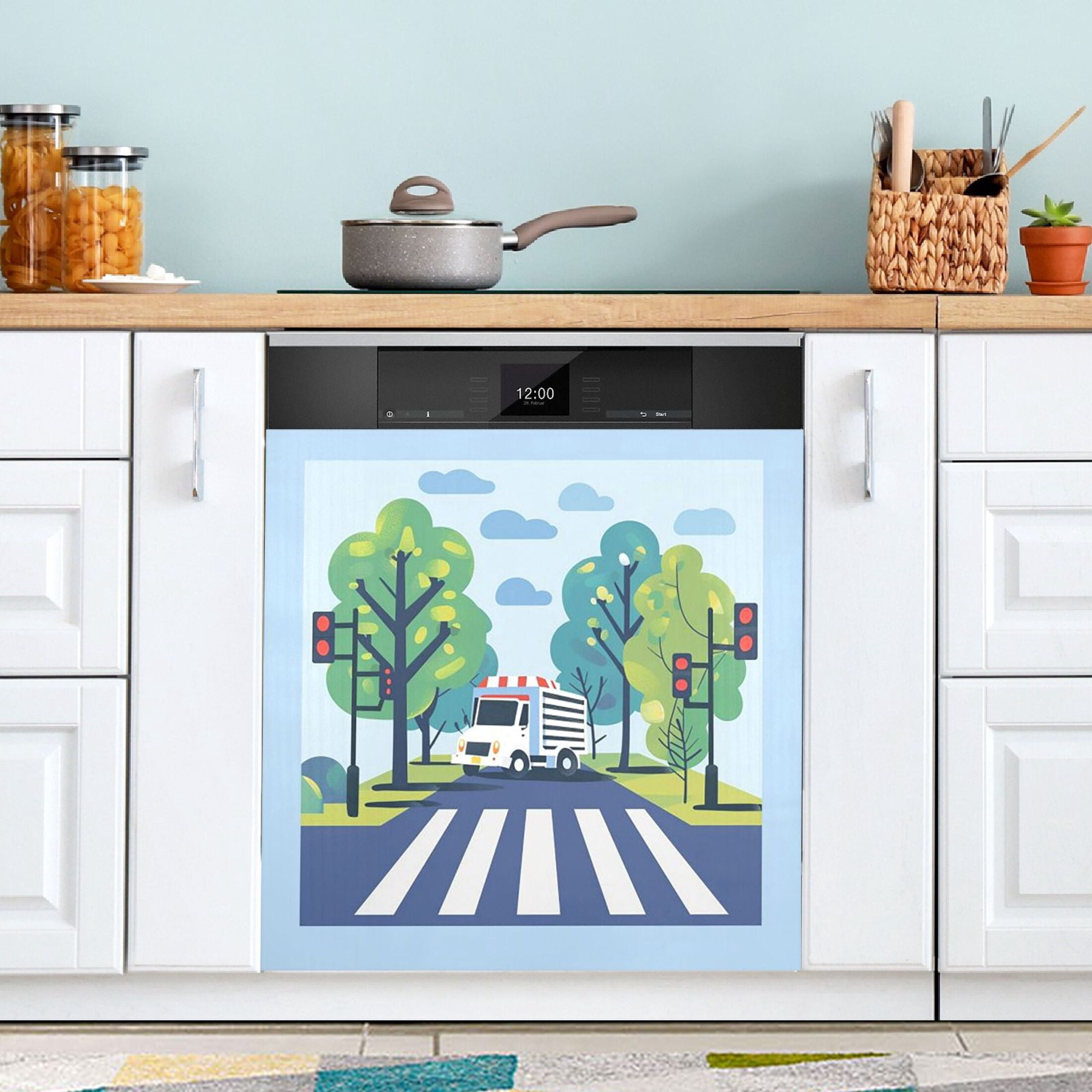 Dishwasher Magnetic Sticker 23x26 Inch Refrigerator Magnetic Sticker Washing Machine Magnetic Sticker Kitchen Panel Magnetic Sticker Home Decor White Zebra Crossing and White Cars