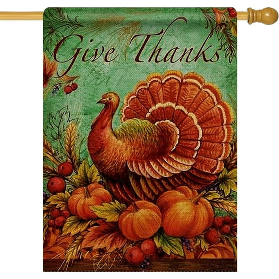 Give Thanks Thanksgiving Turkey 28 x 40 House Flag, Fall Autumn Pumpkin Vintage Burlap Garden Yard Decoration, Retro Farmhouse Outdoor Décor Decorative Large Flag