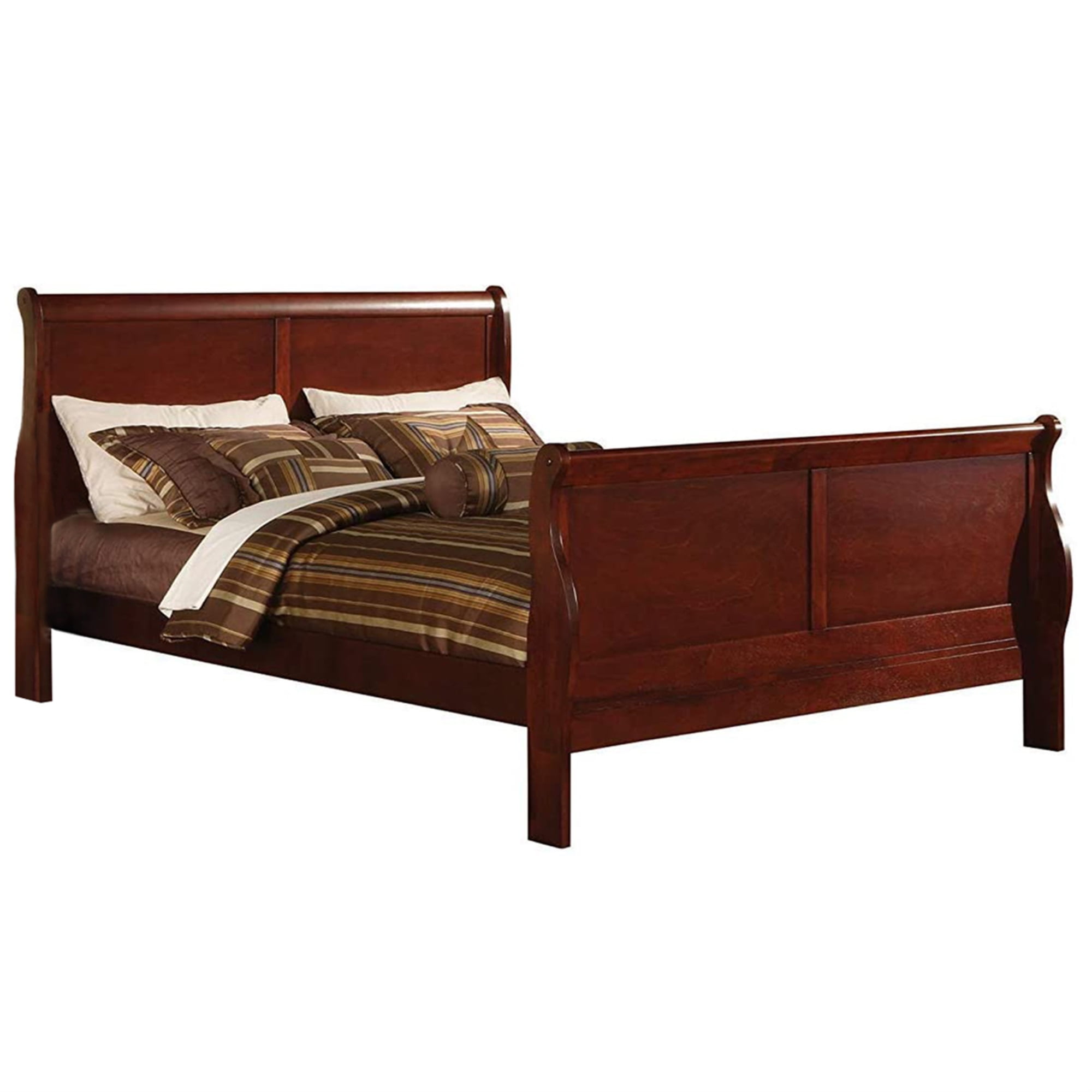 Paneled Eastern King Bed with Sleigh Headboard and Footboard, Brown
