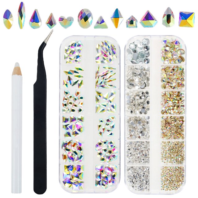 Kit de diamantes de imitación para decoración de uñas, kit de gemas de cristal para uñas, 2400 piezas AB, diamantes de imitación para uñas, múltiples formas, abalorios para uñas, decoración con pinzas
