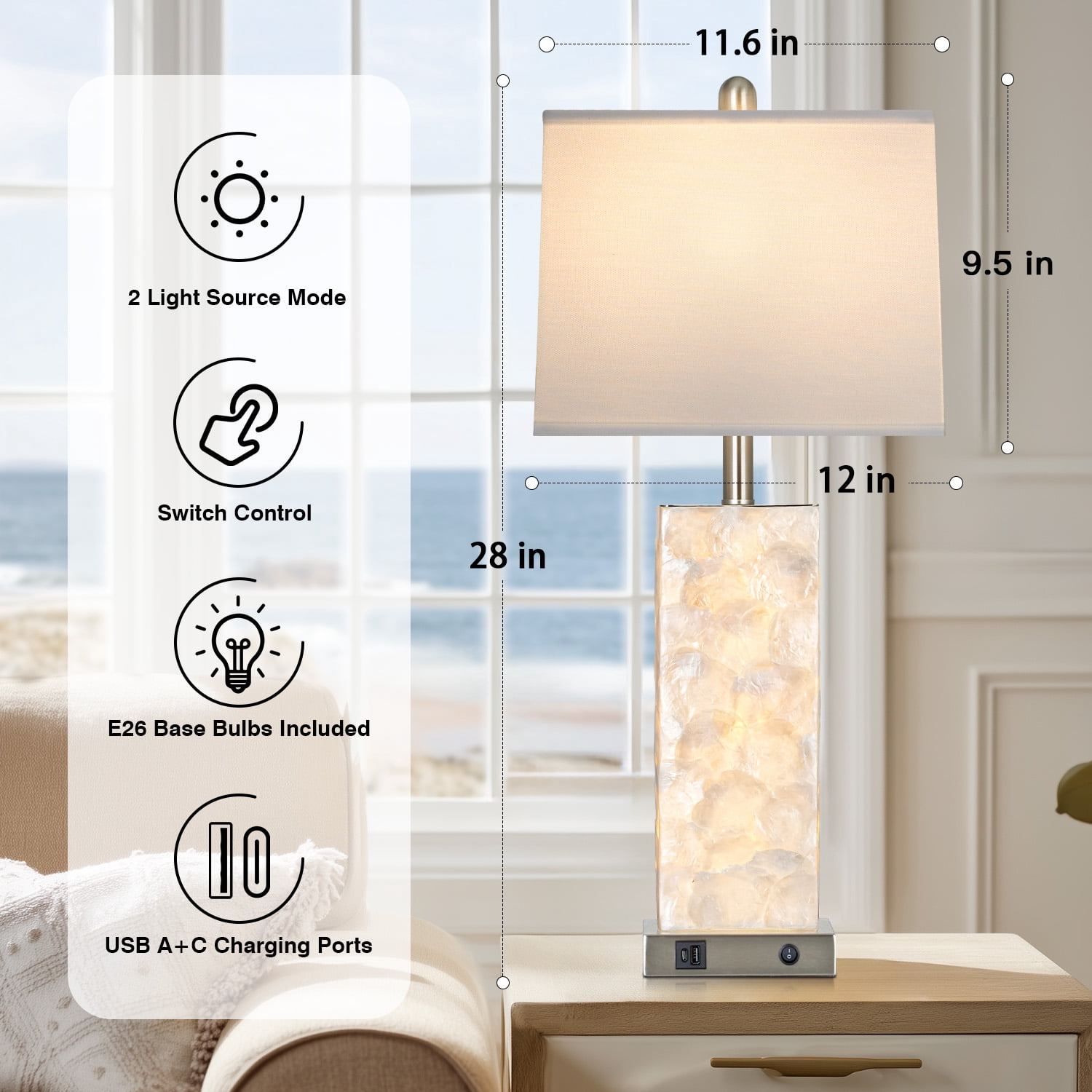 Cinkeda 28" Coastal Table Lamps Set of 2, Seashell Bedside Lamps with Dual Lighting & USB A+C Ports, Modern Beach House Nightstand Lights in Silver