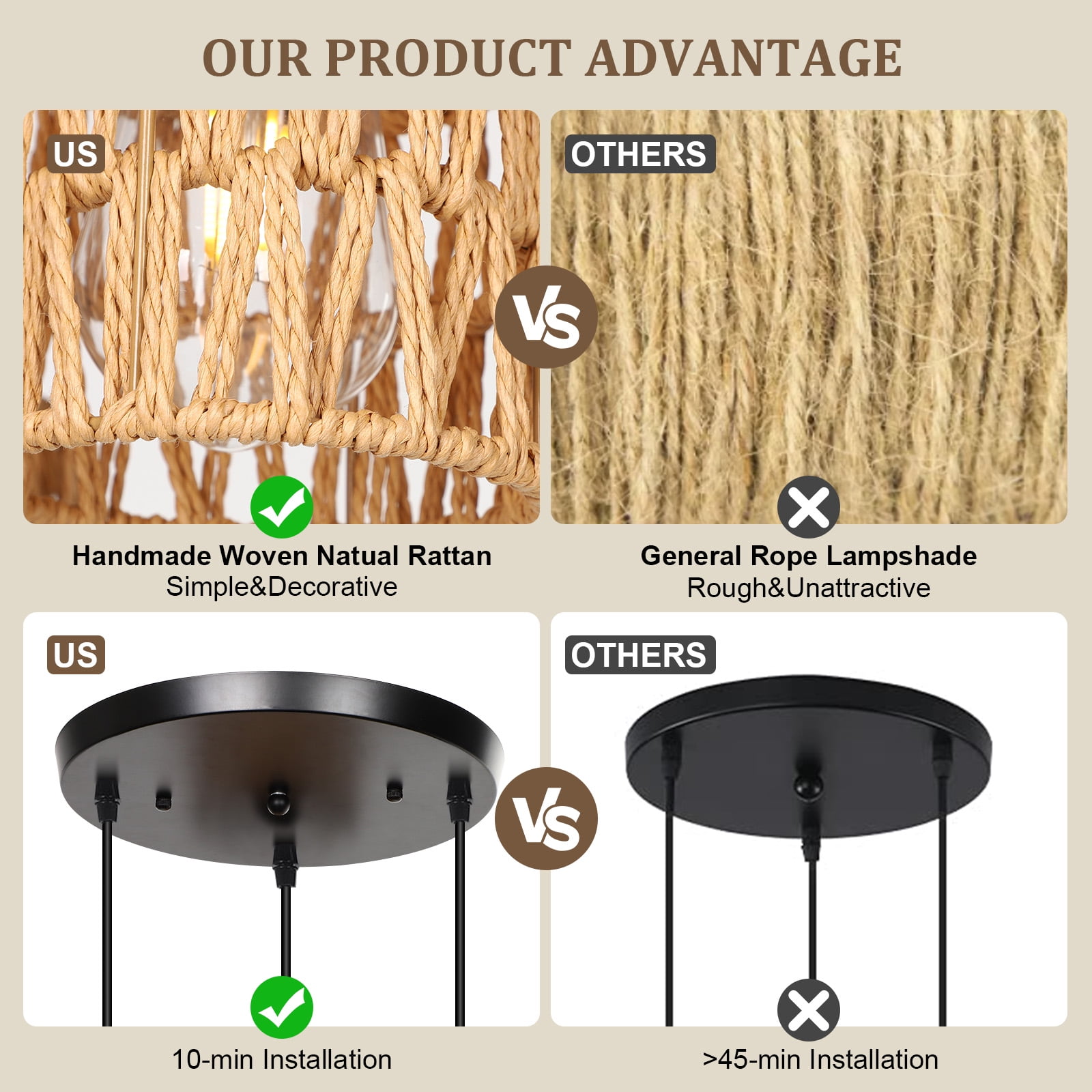 DONGPAI Rattan Farmhouse Pendant Lights for Kitchen Island, Boho Hand-Woven Lamp Shade Kitchen Hanging Lights Ceiling Light Fixture for Kitchen, Dining Room, Foyer & Entryway
