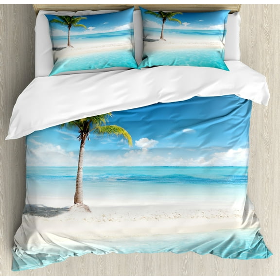 Ambesonne Coastal Duvet Cover Set, Idyllic Scenery Sunbeam, King, Aqua White Green