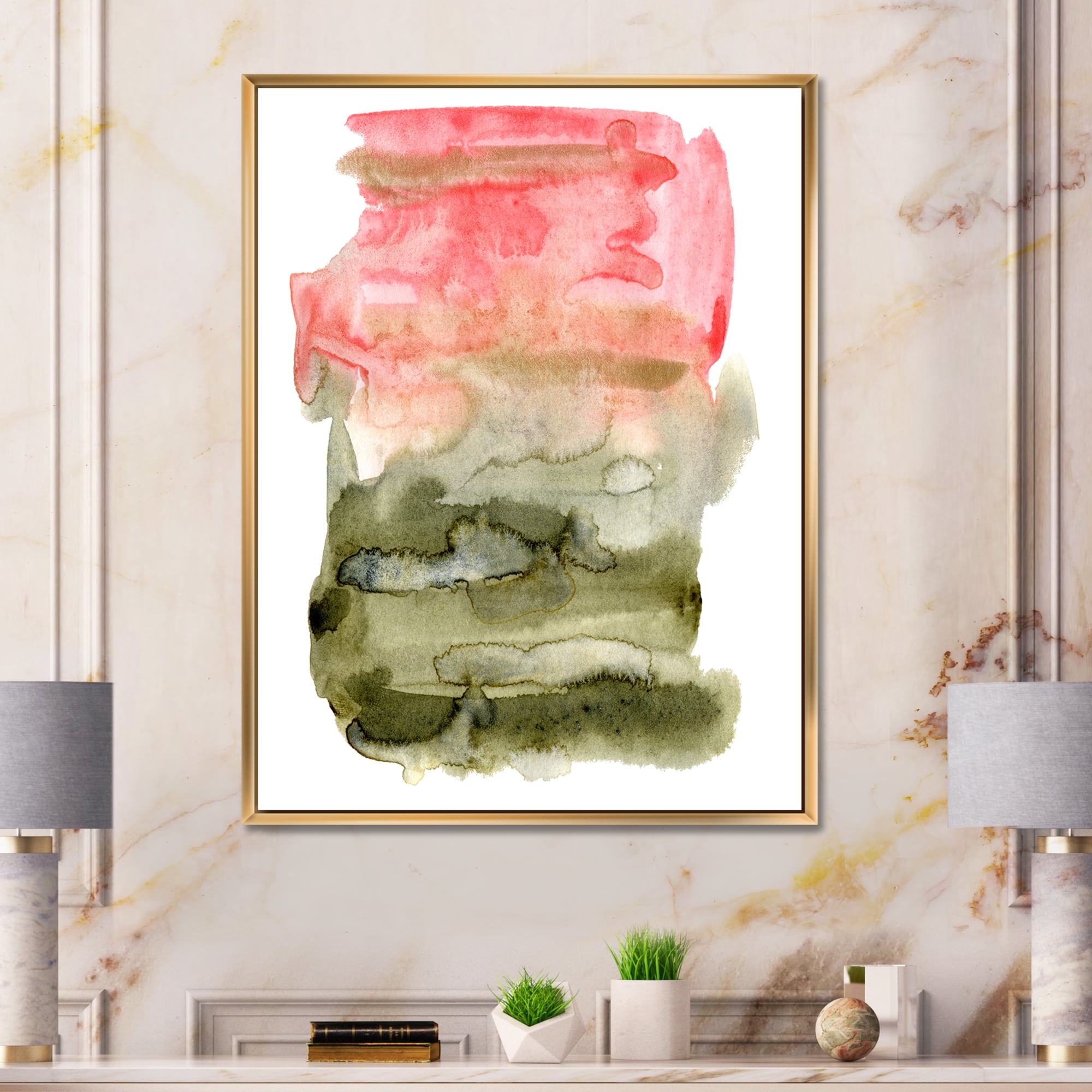 Designart 'Red Pink and Green Abstract Clouds' Modern Framed Canvas Wall Art Print