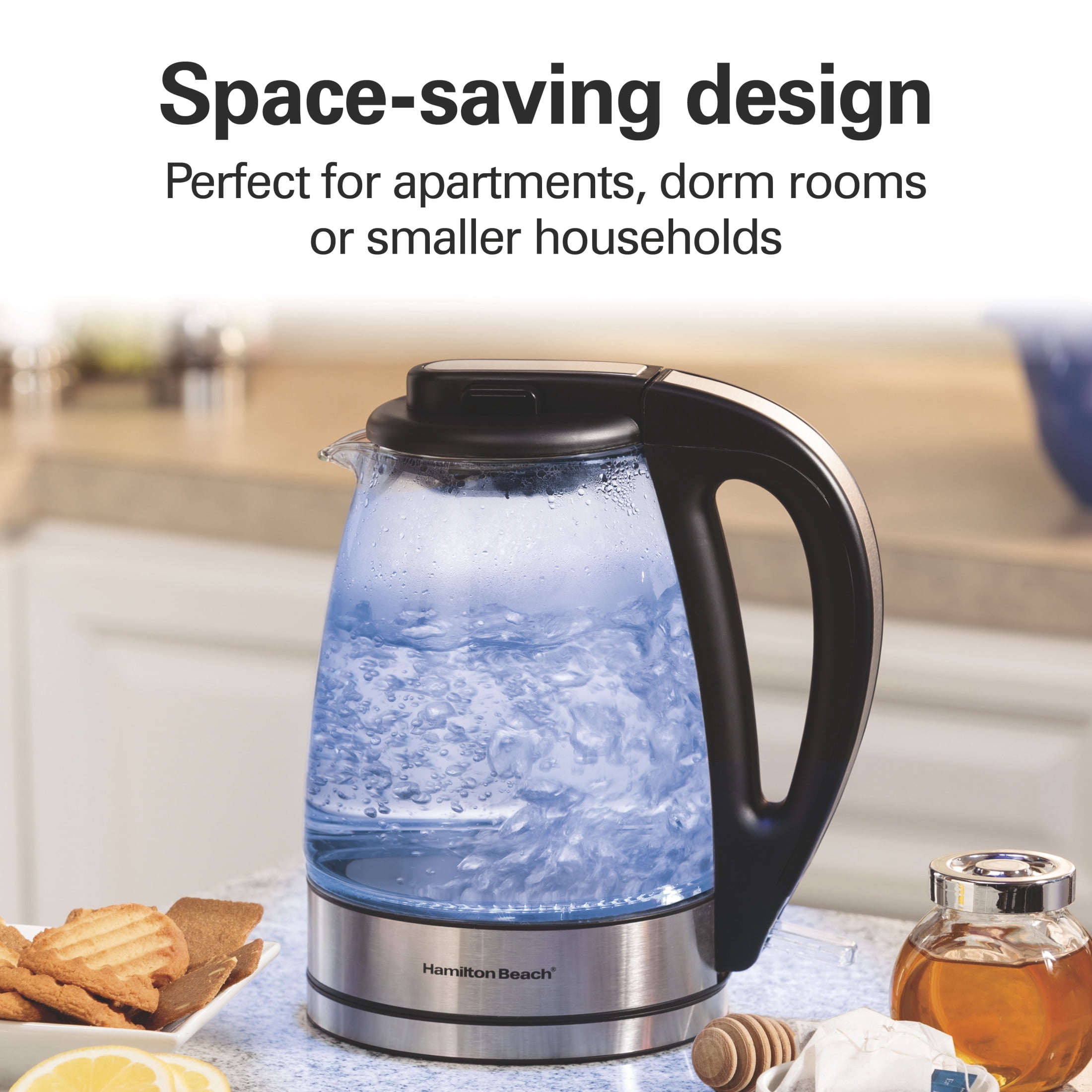 Hamilton Beach Compact Glass Electric Kettle, Tea & Water Kettle, 1L, Stainless Steel & Black Accents