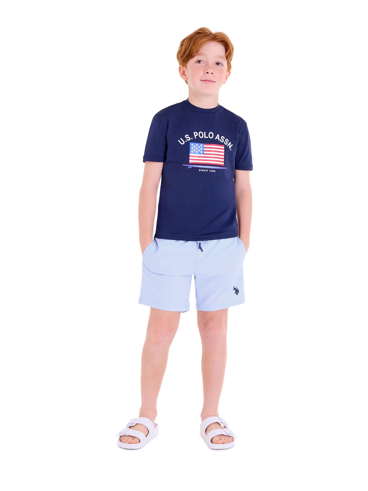 U.S. Polo Assn. Boys Short Sleeve Flag Print Rash Guard, Sizes 4-18