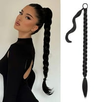 32 inch Long Braided Ponytail Extension with Hair Tie Black Straight Wrap Around Hair Braid Extensions for Women Synthetic High Te