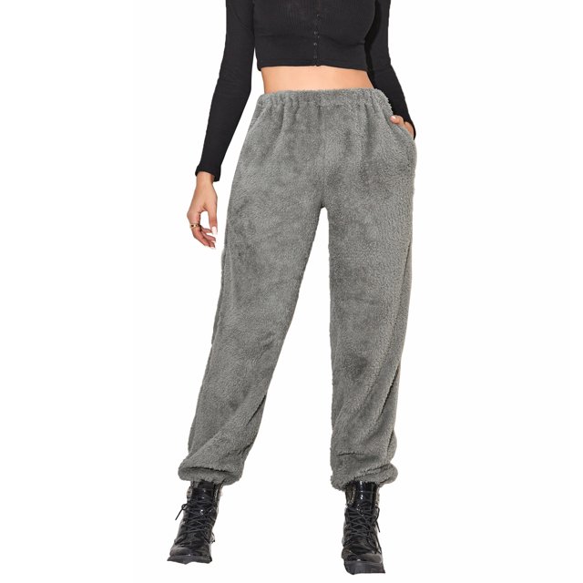 Opperiaya Women Plush Casual Pants, Elastic Leg Simple Style Solid Color