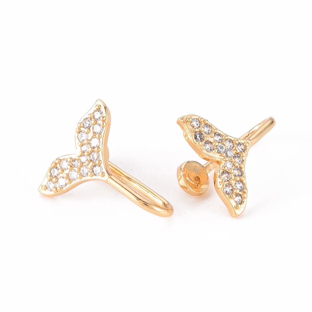 50pcs Brass Micro Pave Clear Cubic Zirconia Cuff Earrings Whale Tail Shape Nickel Free golden 16x13x1.5mm
