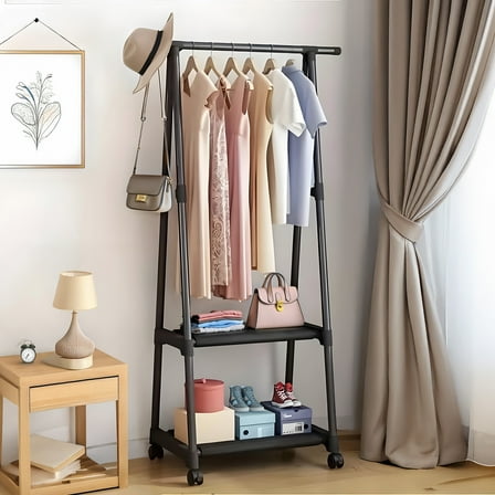 Storvive Clothes Rack on Wheels, 2 Tier Triangle Rolling Garment Rack, Coat Hanging Rack for Home, Black