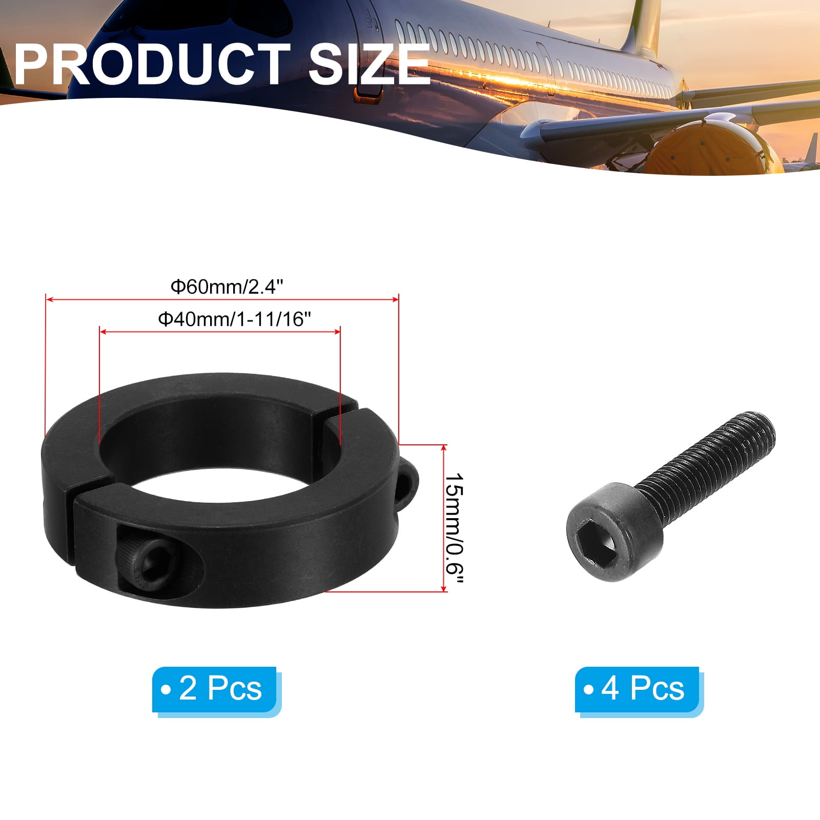 45#Carbon Steel Bore 40mm Double Split Shaft Collar 60mm OD 15mm Thickness with Set Screw, Black 2 Pack