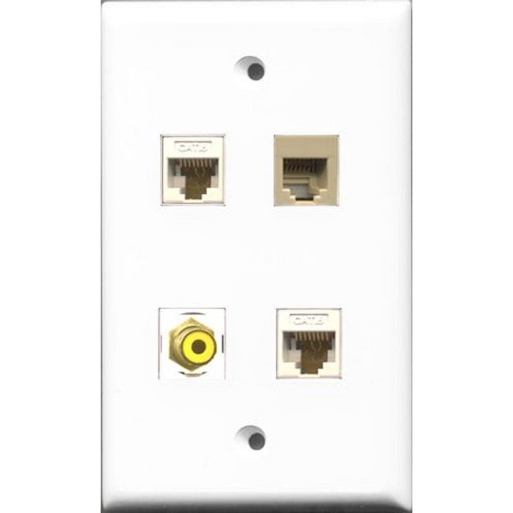 RiteAV 1 Port RCA Yellow and 1 Port Phone RJ11 RJ12 Beige 2 Port Cat6 Ethernet White Wall Plate
