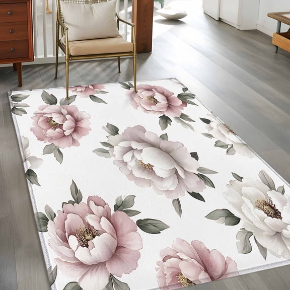Non-Slip Rug Pad Rugs Watercolor Pink Flower on White Rectangle Area Rugs 4x6Ft Soft Carpet Pads for Living Room Kids Room, Garden Green Leaves