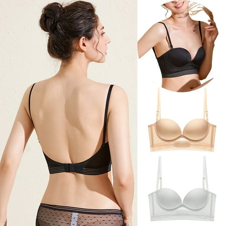 

Jieowen Women Backless Bra Push Up Invisible Lace Bra Padded Open Back Gathered Support Underwear Seamless Wedding Bra