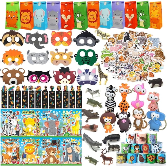 Safari Party Favor Set, 158 Pieces for 12 Kids, Jungle Safari Birthday Supplies With Wild Animal Goodie Bags, Gift Bag Fillers, Pinata Stuffers