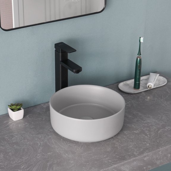 ABX 12" Matte Grey Basin with Pop Up Drain Round Countertop Vessel Sink for Bathroom