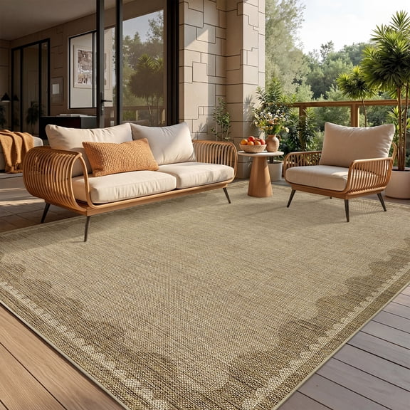 HIWEAVER Linen Color 8' x 10' Washable Modern Outdoor Area Rug for Patios Non-slip Soft Neutral Scalloped Bordered Pattern Indoor Throw Carpet for Living Room Bedroom Decor