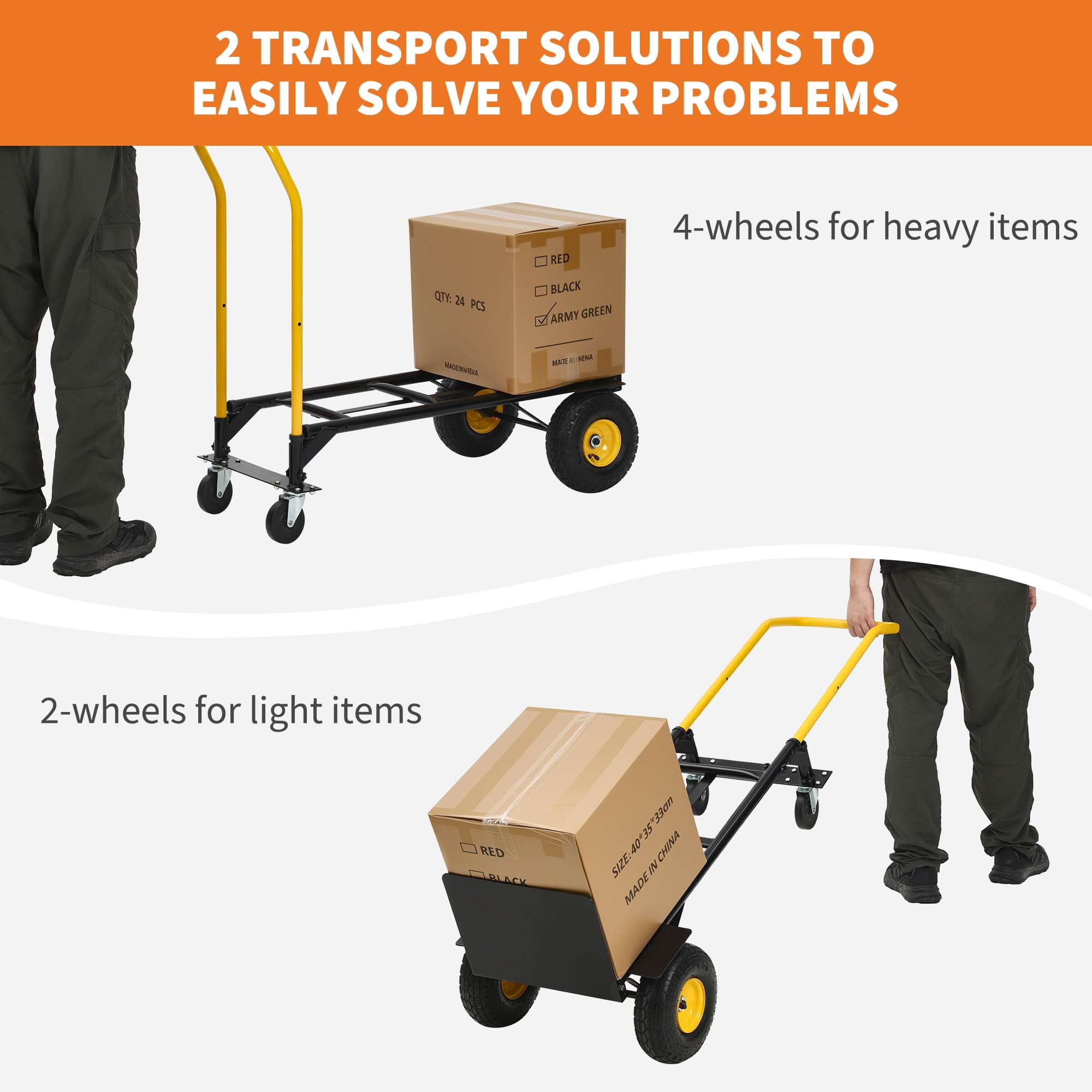 GARVEE 800lbs Capacity Convertible Hand Truck Dolly, 3-in-1 Heavy-Duty Steel Foldable Moving Dolly Cart with EVA Wheels,Yellow