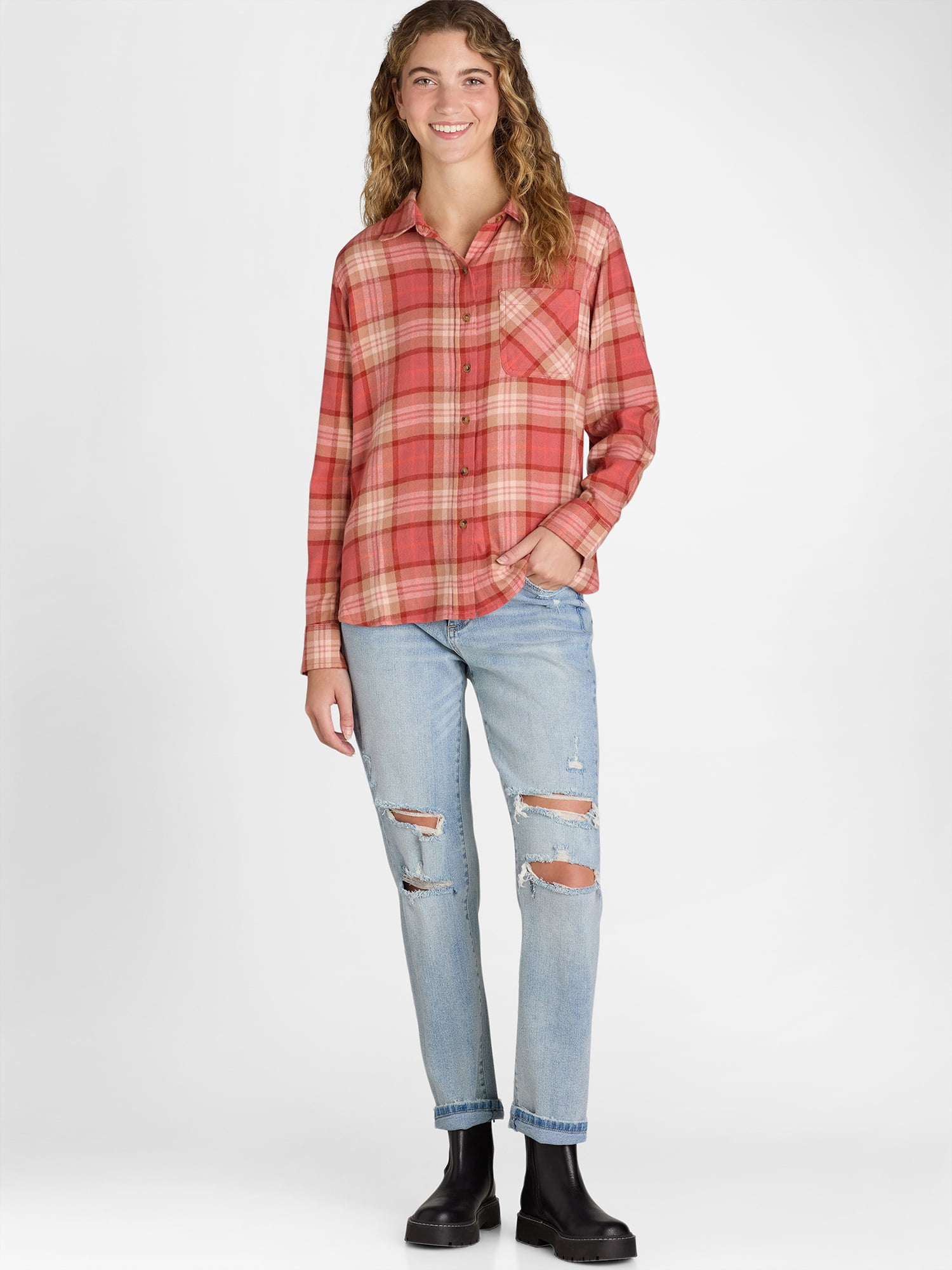 Time and Tru Women's Flannel Shirt with Long Sleeves, Sizes S-XXXL