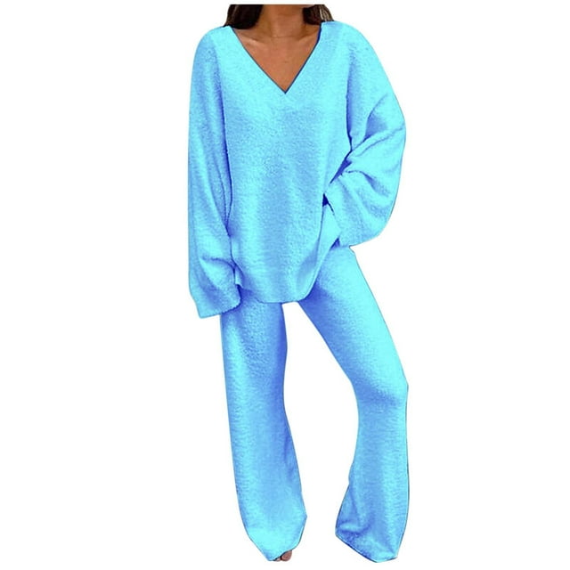 Conjunto de 2 piezas para mujer: jersey oversize con cuello en V y pantalones anchos, conjunto de ropa de estar por casa suave y elástico para otoño/invierno