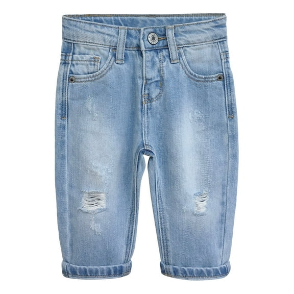 KIDSCOOL SPACE Infant Jeans,Baby Toddler Elastic Band Inside with D-ring Simple Design Distressed Soft Denim Pants,Light Blue,18-24 Months