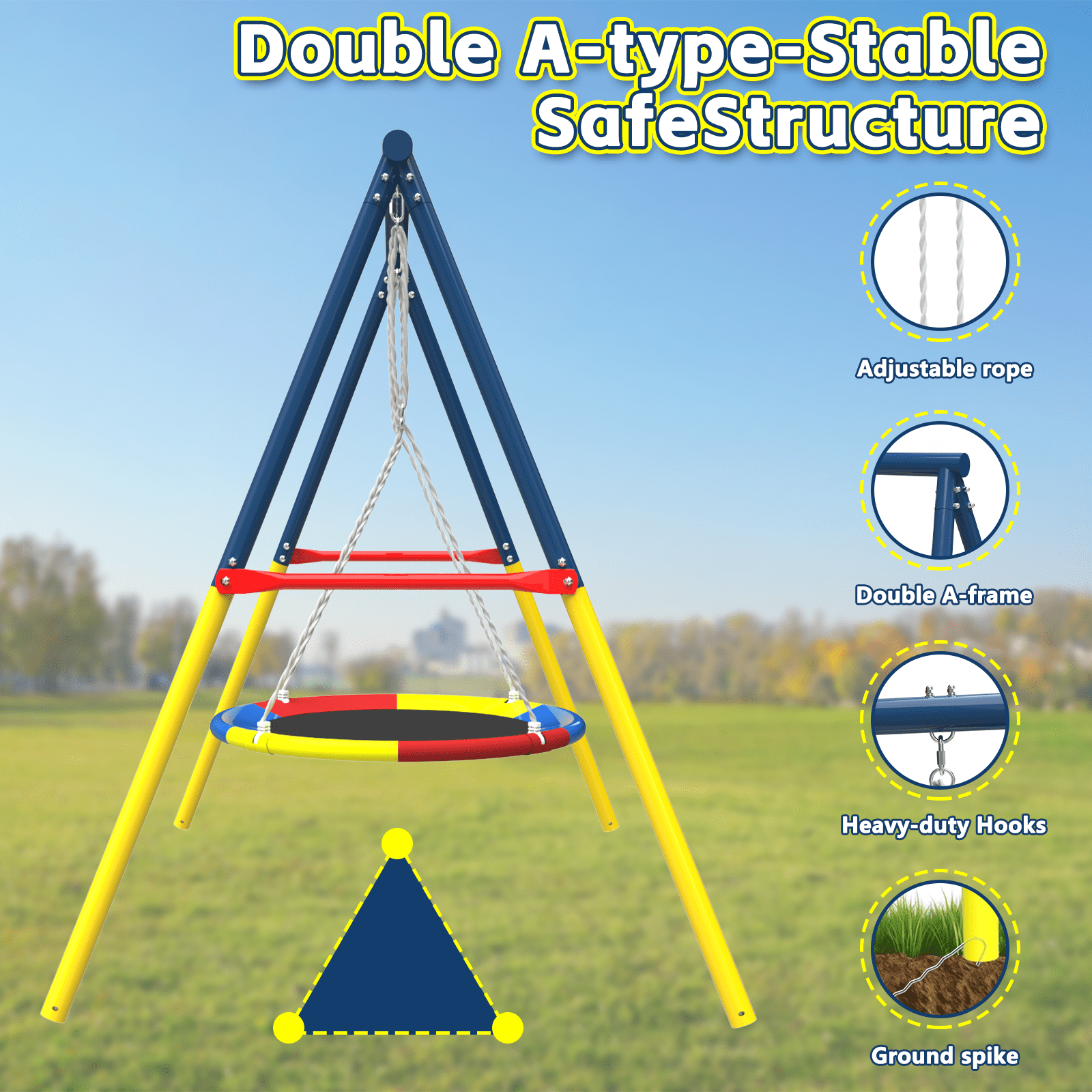 Aukfa Heavy Duty Metal Swing Set with Saucer Swing, 440LBS A-Frame Backyard Swing Set for Kids and Adults, Blue