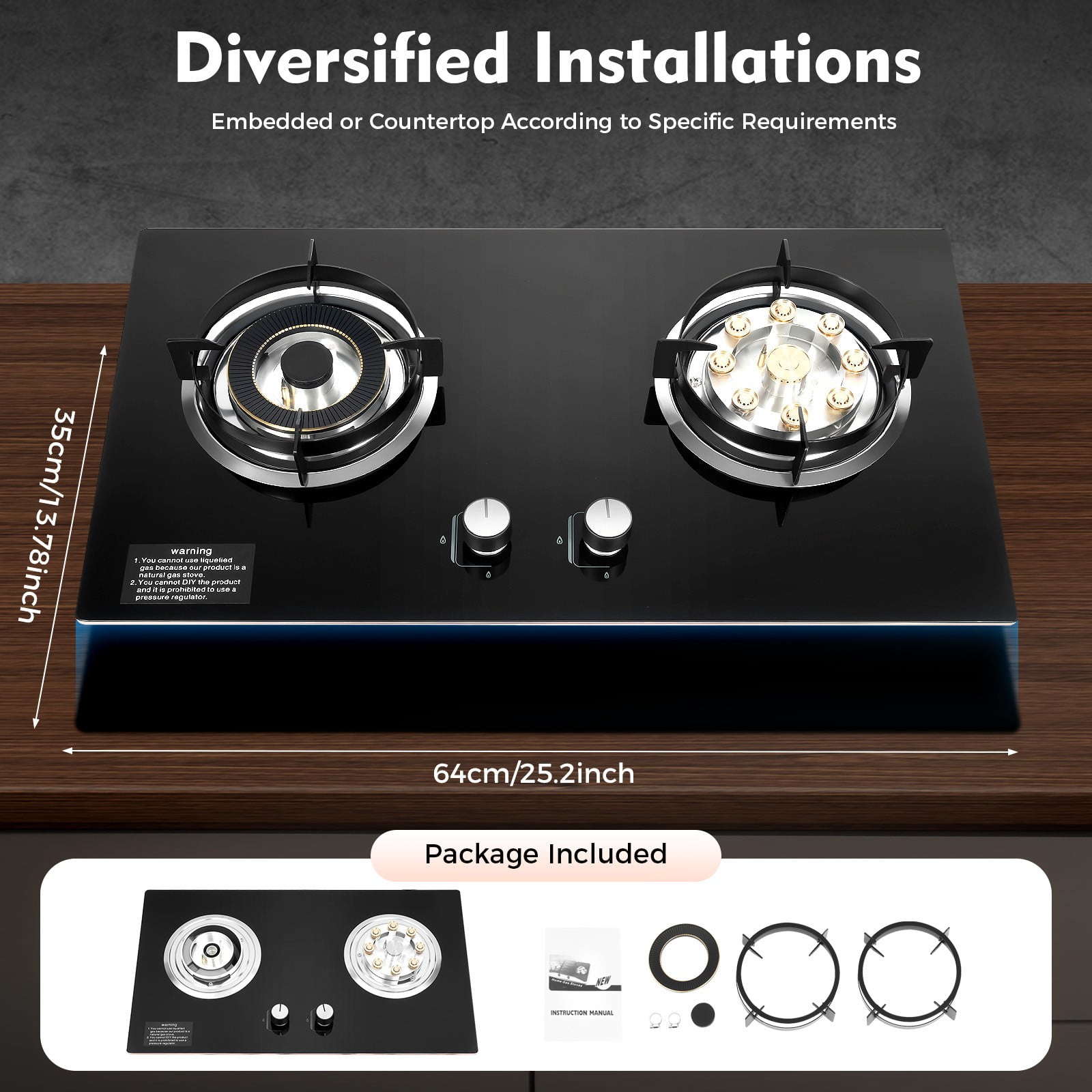 2 Burners Gas Cooktop Natural Gas Stoves for Kitchen, Gas Stove Top Stainless Steel Built-in Gas Cooktop Gas Hob for RVs, Apartments, with Anti-Tempering (Not Included Gas Pipe) | US STOCK