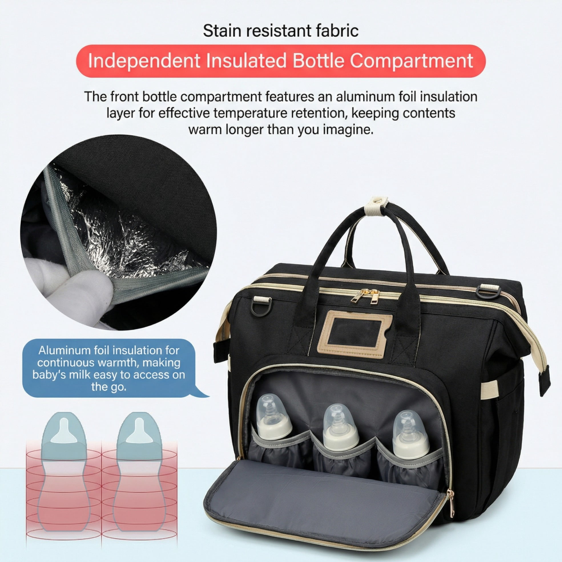 Diaper changing bag, multi-functional baby changing bag, includes insulated bottle holder, essential for baby travel, large capacity travel backpack with USB charging port and stroller strap (black).