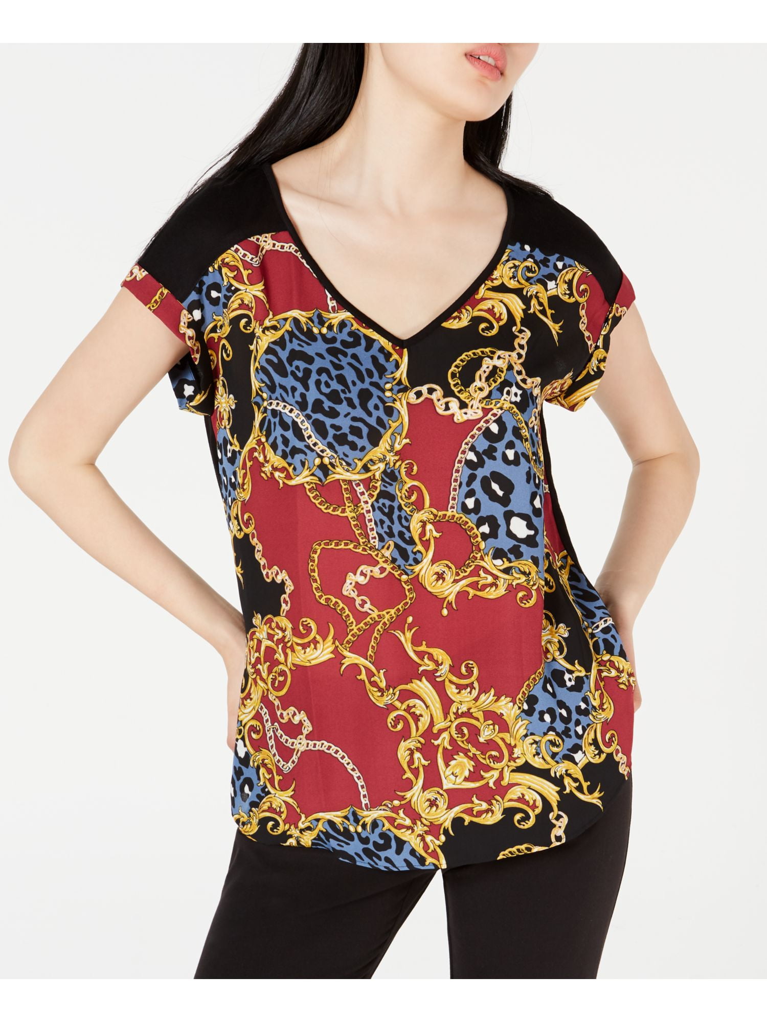 BCX Womens Black Multi Color Printed Cap Sleeve V Neck Wear To Work