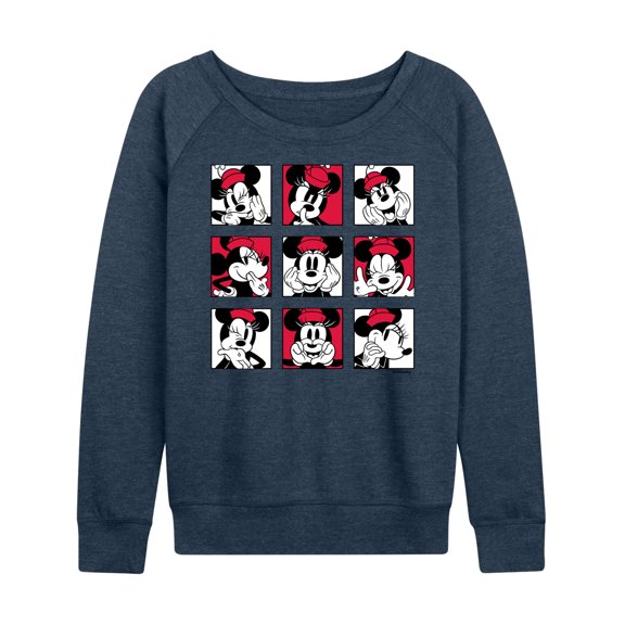 Disney - Minnie Grid Women's Lightweight French Terry Wide Neck Long Sleeve Graphic Shirt