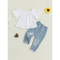 thumbnail image 4 of BemeyourBBs Toddler Baby Girls Summer Clothes Infant Baby Girls Denim Outfit Off Shoulder Tops Bell Short Sleeve Lace Shirt Top Ripped Jeans Denim Pearl Pants Set, 4 of 9