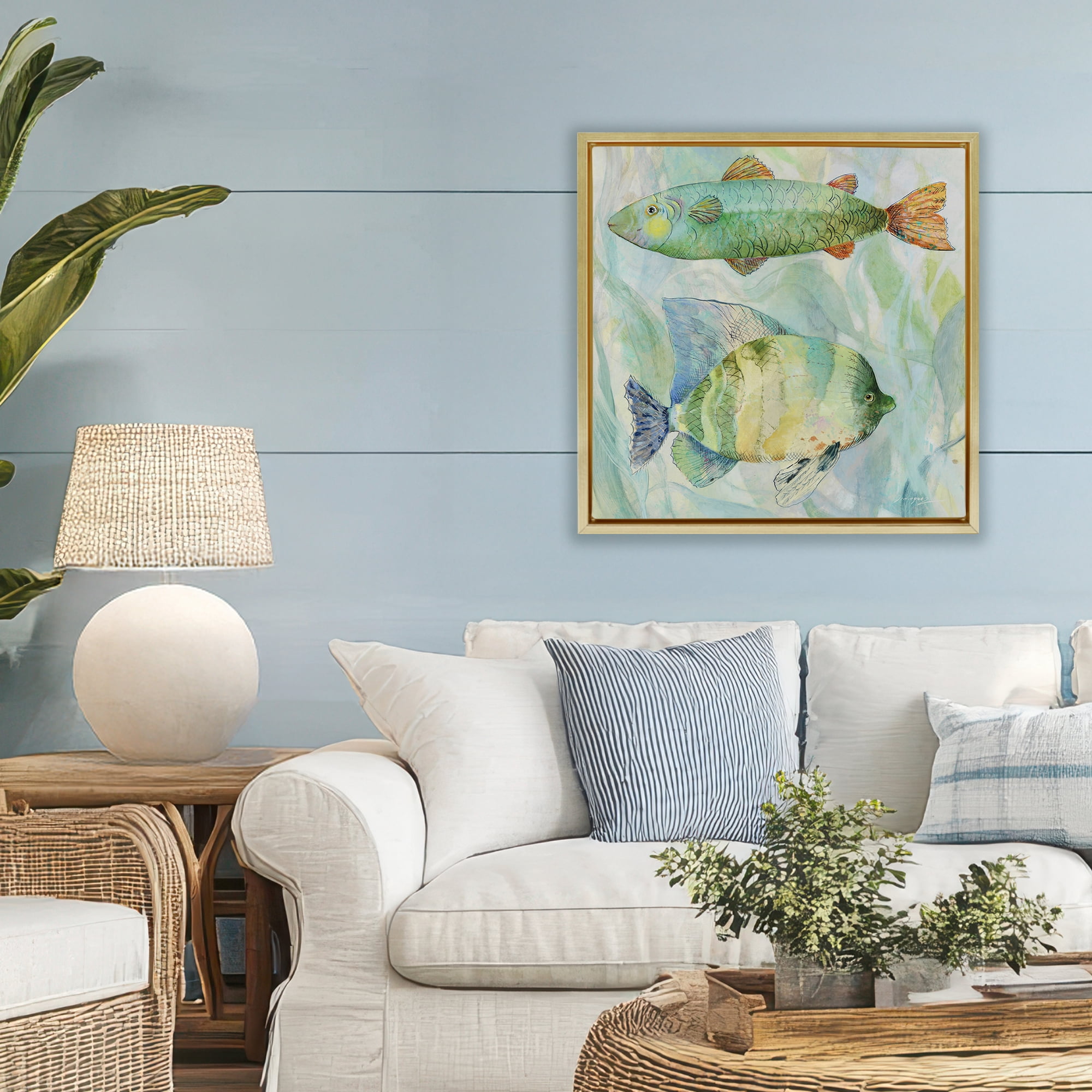 Stupell Industries Sweet Fish Duo Watercolor Gold Framed Floater Canvas Wall Art, design by Lorenzo Collective