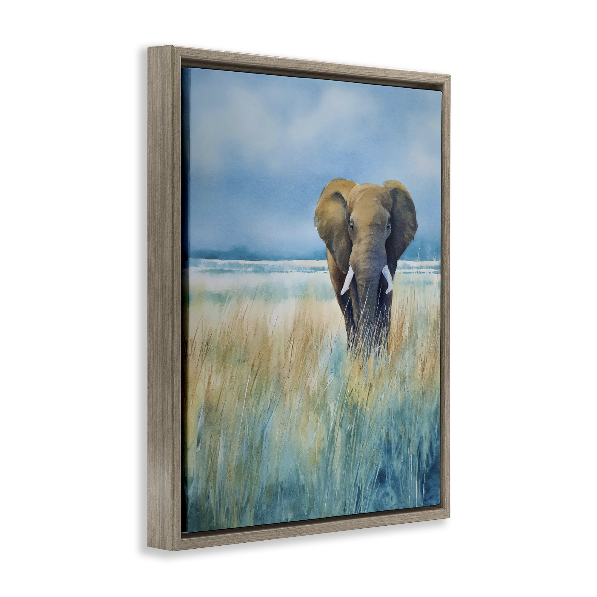 Stupell Industries Blue Grass Elephant Brown Framed Floater Canvas Wall Art, design by Franklyn Gregory