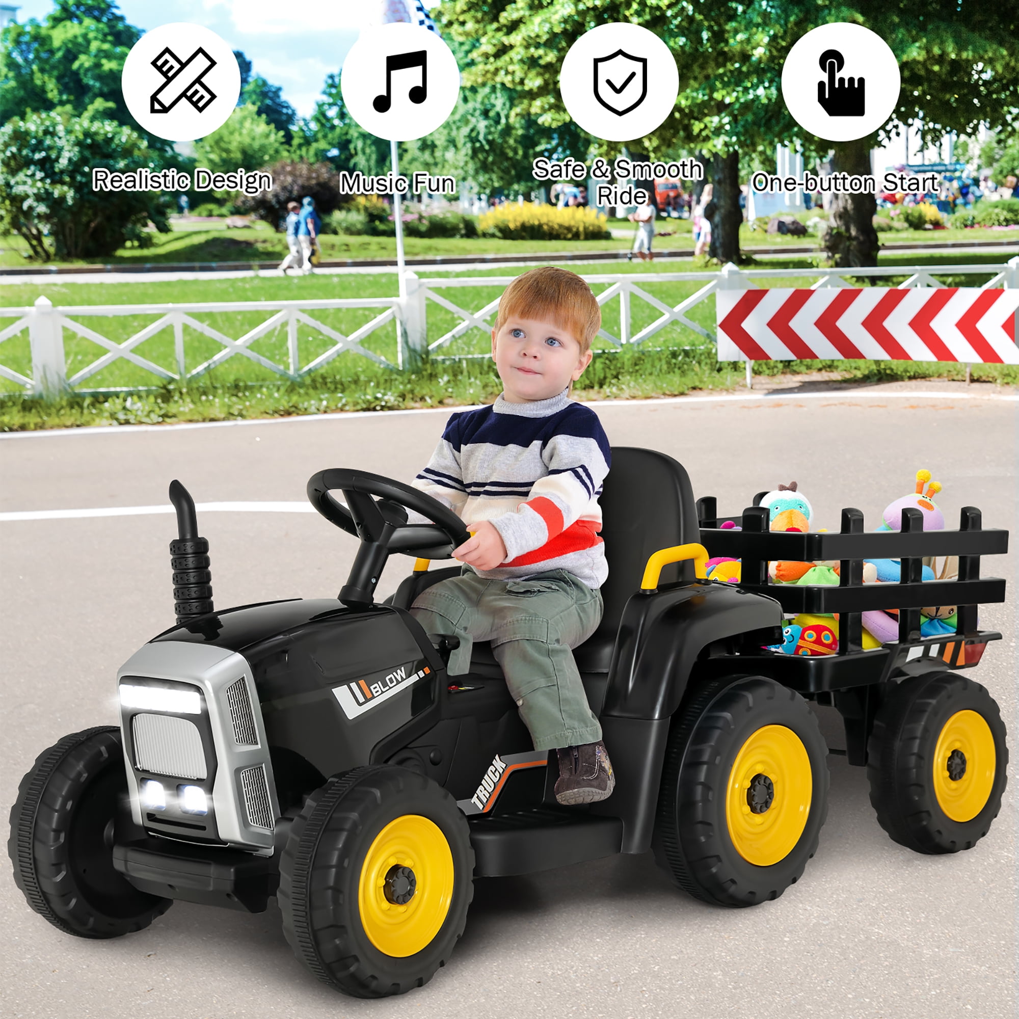 USB 3-Gear-Shift Ground Loader Ride On with LED Lights Battery Powered Electric Vehicle Toy Car with 2.4G Remote Control Costzon 12V Kids Ride On Tractor with Trailer Green 