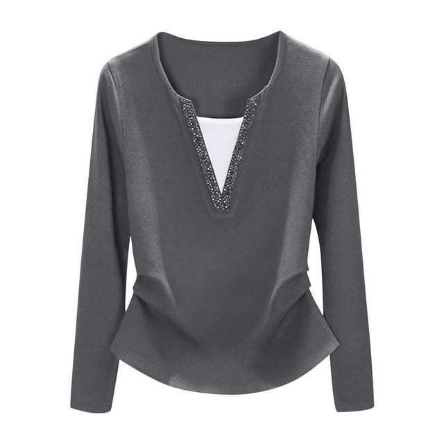 Timegard Hauts d'Automne pour Femmes Manches Longues Blouse à Col Rond Froncé Tunique Décontractée Habillée