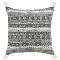 Peppermint Home Block Print Cotton, Decorative Throw Pillow Cover with Tassels, 20"x 20", Natural Grey