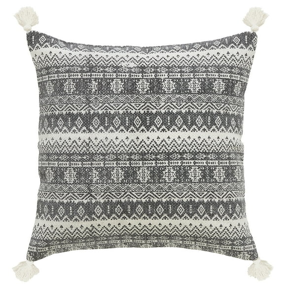 Peppermint Home Block Print Cotton, Decorative Throw Pillow Cover with Tassels, 20"x 20", Natural Grey