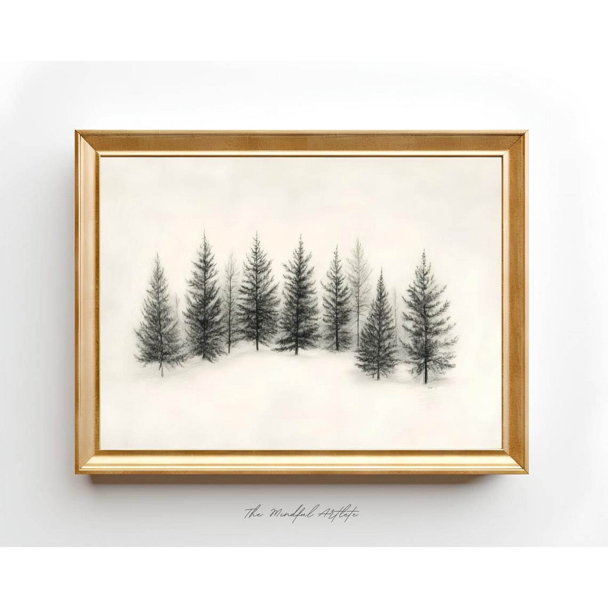 Vintage Pine Forest Wall Art Print Rustic Winter Pencil Sketch Decor Unframed Paper Print
