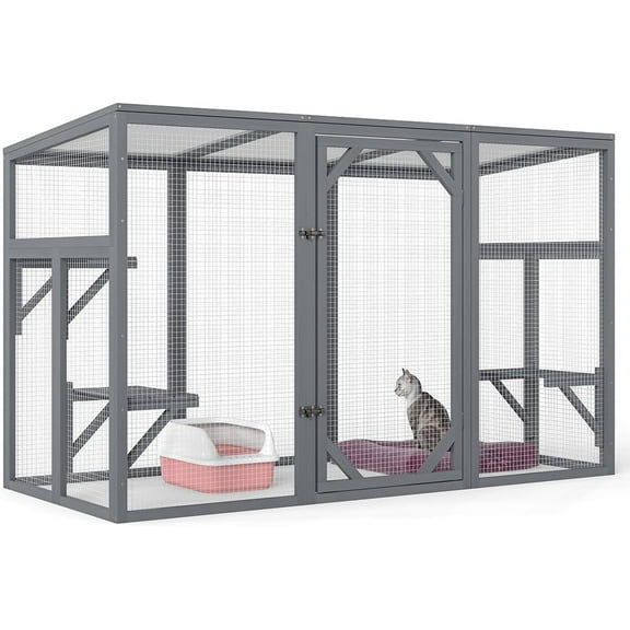 imerelez Outdoor Wood Cat Enclosure, Patio Cat Catio House with 3 Platforms, Lockable Door, Sun Sheet Roof, Large Run for Pets, Gray
