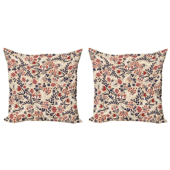 Ambesonne Floral Throw Pillow Cover 2 Pack, Abstract Blossoms Leaves, 20", Beige Red White