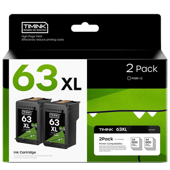 Timink 63XL Black Ink Cartridges Replacement for HP 63 XL 63XL Compatible with Envy 4520 4522 4512, OfficeJet 3830 3833 4650 4652 4655 5255 5258, Des