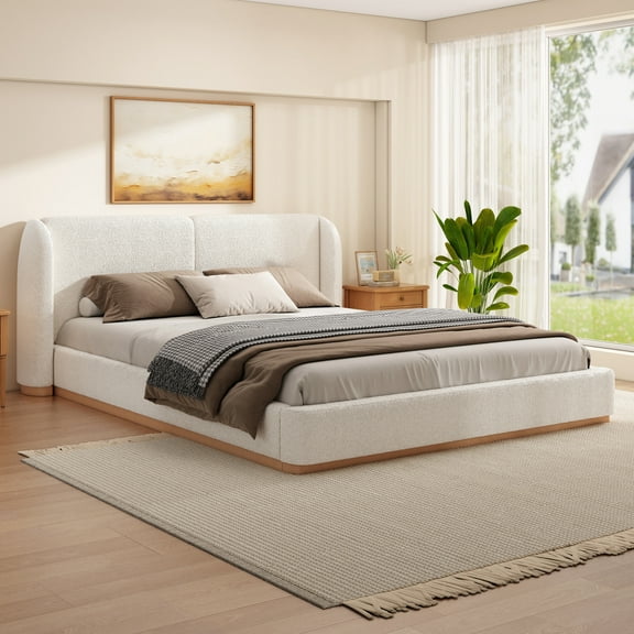 Christopher Knight Home Queen Bed Frame with Boucle Upholstered Wingback Headboard, Solid Wood Base, White