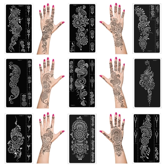 Mzstgh Kit de plantillas de tatuajes de henna Plantillas de tatuajes temporales Kit de tatuaje de henna reutilizable para mano Antebrazo Plantilla de tatuaje con aerógrafo Pegatinas de tatuaje tempora