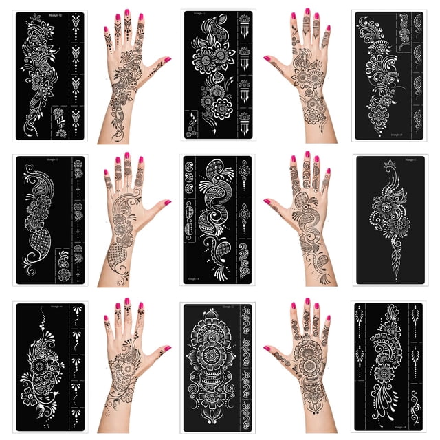Mzstgh Kit de plantillas de tatuajes de henna Plantillas de tatuajes temporales Kit de tatuaje de henna reutilizable para mano Antebrazo Plantilla de tatuaje con aerógrafo Pegatinas de tatuaje tempora