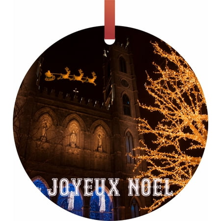 Cathedral Santa - Santa and Sleigh Riding Over The Notre Dame Cathedral on Christmas Eve - TM - Flat Round-Shaped Holiday Tree Ornament Made in the USA