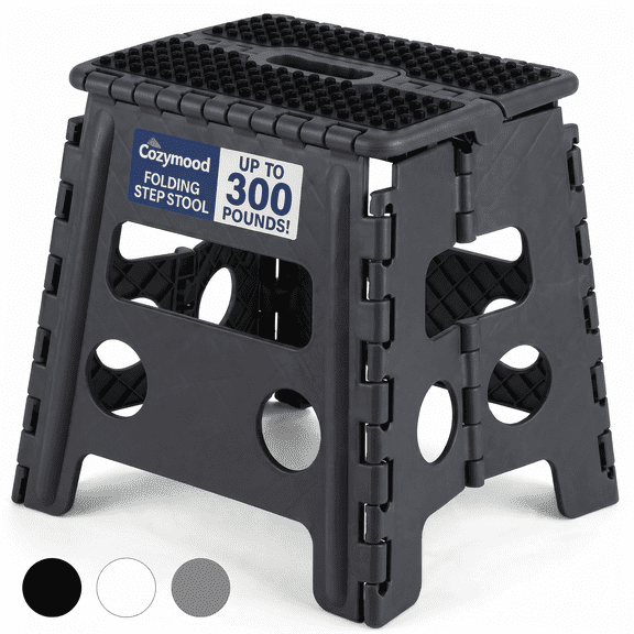 Cozymood 13" Folding Step Stool, Non-Slip Plastic Stool with Handle, 300 lb Capacity, Portable Collapsible Stool for Adults, Kitchen, Bathroom, Bedroom, Gray