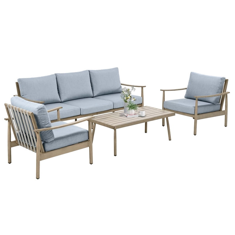4-Piece Aluminum Patio Furniture Set, Rustproof Outdoor Conversation Set with 3-Seat Sofa, Armchairs and Coffee Table